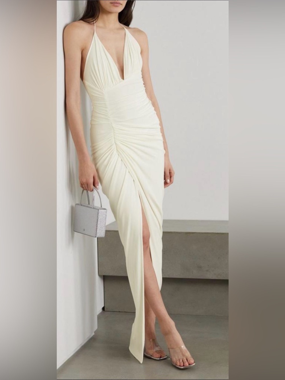 NEW ALEXANDRE VAUTHIER Ruched stretch-jersey halterneck ivory gown FR 44 US 12